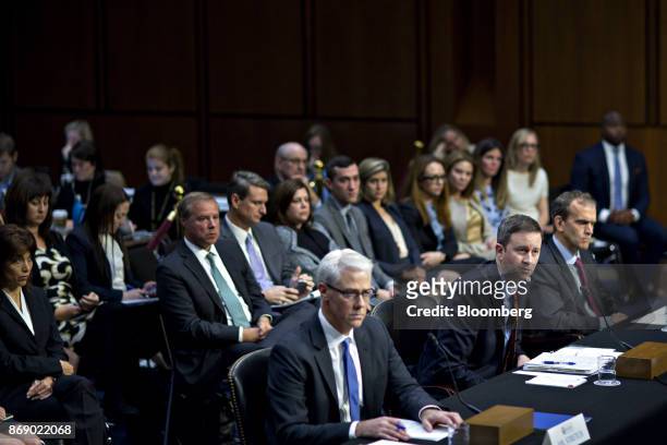 Sean Edgett, acting general counsel with Twitter Inc., center, speaks as Colin Stretch, general counsel with Facebook Inc., left, and Kent Walker,...