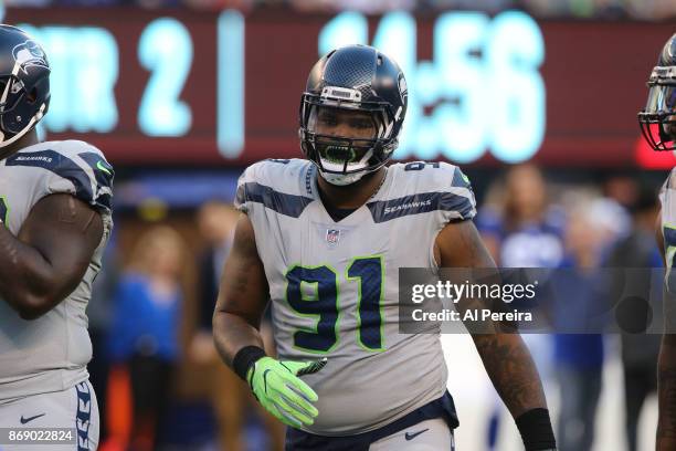 Defensive Tackle Sheldon Richardson of the Seattle Seahawks in action against the New York Giants during their game at MetLife Stadium on October 22,...