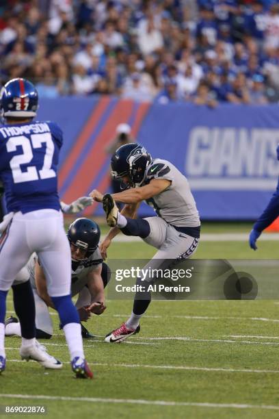 Kicker Blair Walsh of the Seattle Seahawks in action against the New York Giants during their game at MetLife Stadium on October 22, 2017 in East...
