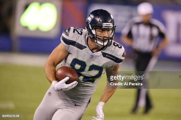 Tight End Luke Wilson of the Seattle Seahawks in action against the New York Giants during their game at MetLife Stadium on October 22, 2017 in East...