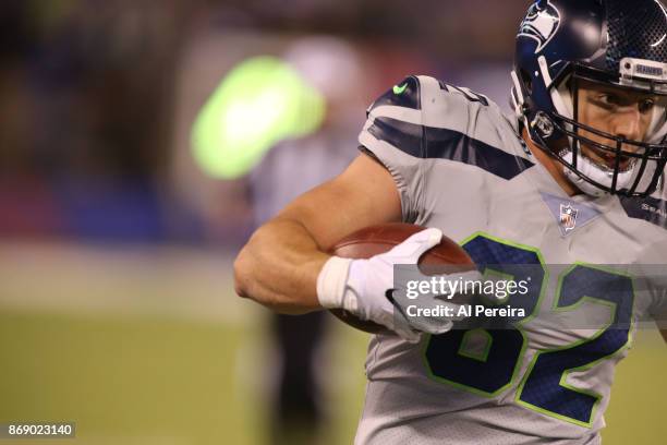 Tight End Luke Wilson of the Seattle Seahawks in action against the New York Giants during their game at MetLife Stadium on October 22, 2017 in East...