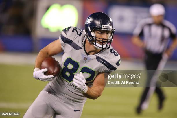 Tight End Luke Wilson of the Seattle Seahawks in action against the New York Giants during their game at MetLife Stadium on October 22, 2017 in East...