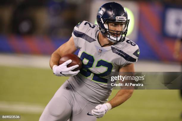 Tight End Luke Wilson of the Seattle Seahawks in action against the New York Giants during their game at MetLife Stadium on October 22, 2017 in East...