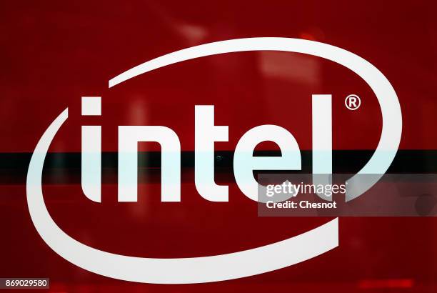 Intel logo is displayed during the 'Paris Games Week' on November 01, 2017 in Paris, France. Intel is the world's largest maker of semiconductors....