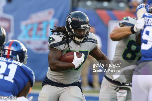 Running Back Eddie Lacy of the Seattle Seahawks in action against the New York Giants during their game at MetLife Stadium on October 22, 2017 in...