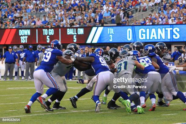 Running Back Eddie Lacy of the Seattle Seahawks in action against the New York Giants during their game at MetLife Stadium on October 22, 2017 in...