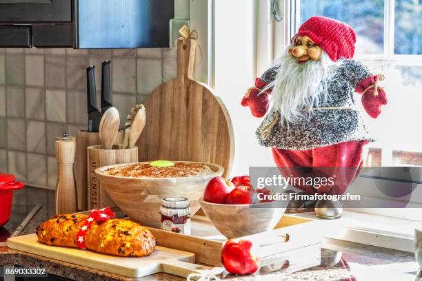 santa with porridge at the bench - christmas norway stock pictures, royalty-free photos & images