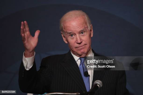 Former vice president Joe Biden speaks to the Chicago Council on Global Affairs on November 1, 2017 in Chicago, Illinois. Biden addressed the...