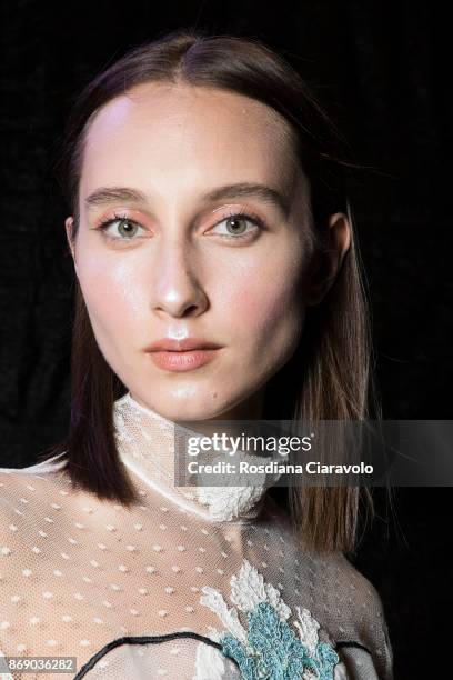 Model is seen ahead of Hussein Bazaza show at Dubai Design District on October 26, 2017 in Dubai, United Arab Emirates.