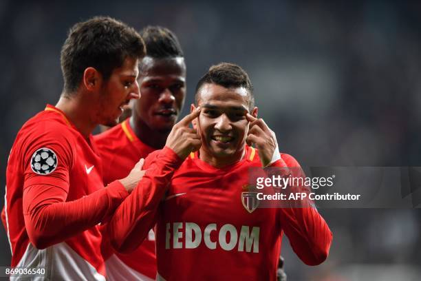 Monaco's Portuguese midfielder Rony Lopes celebrates after scoring a goal during the UEFA Champions League Group G football match between Besiktas...