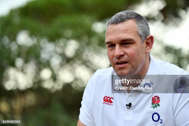 Jason Ryles, Consultant Coach of England speaks to the media during a press conference at Browns Sport & Leisure Club on November 1, 2017 in...