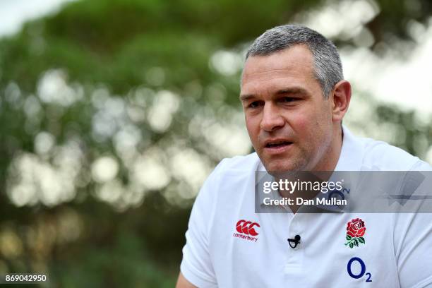 Jason Ryles, Consultant Coach of England speaks to the media during a press conference at Browns Sport & Leisure Club on November 1, 2017 in...
