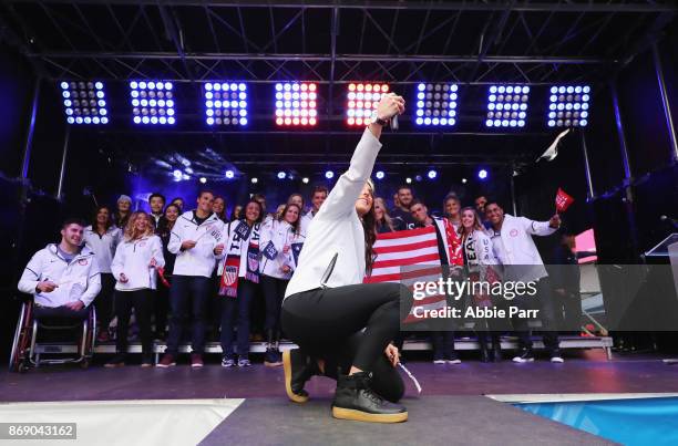 Team USA poses for a portrait during the 100 Days Out 2018 PyeongChang Winter Olympics Celebration - Team USA in Times Square on November 1, 2017 in...