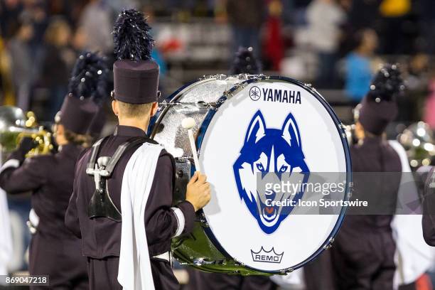 General view of the UConn Huskies logo on a bass drum during a college football game between Missouri Tigers and UConn Huskies on October 28 at...