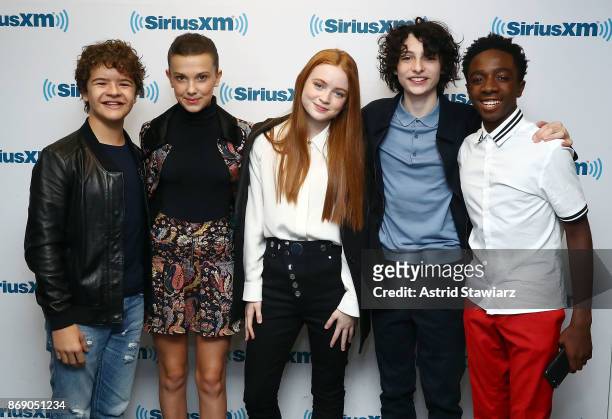Actors Gaten Matarazzo, Millie Bobby Brown, Sadie Sink, Finn Wolfhard and Caleb McLaughlin attend SiriusXM's 'Town Hall' cast of Stranger Things on...