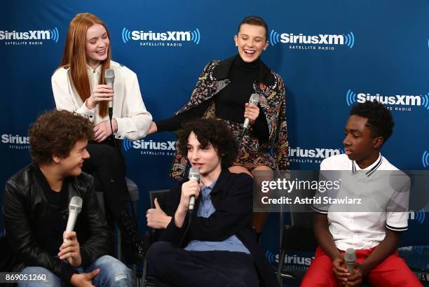 Actors Sadie Sink, Millie Bobby Brown, Caleb McLaughlin, Finn Wolfhard and Gaten Matarazzo attend SiriusXM's 'Town Hall' cast of Stranger Things on...