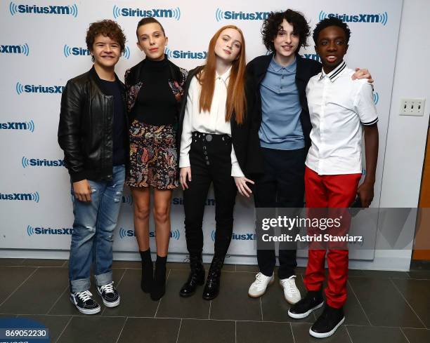 Actors Gaten Matarazzo, Millie Bobby Brown, Sadie Sink, Finn Wolfhard and Caleb McLaughlin attend SiriusXM's 'Town Hall' cast of Stranger Things on...