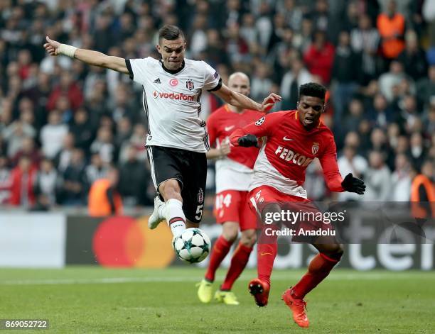 Pepe of Besiktas in action against Jemerson of Monaco during UEFA Champions League Group G match between Besiktas and Monaco at the Vodafone Park in...