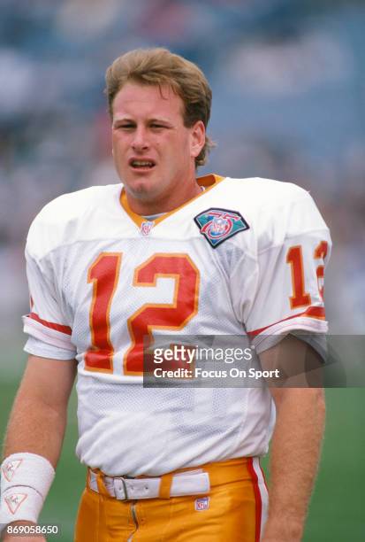 Trent Dilfer of the Tampa Bay Buccaneers looks on during an NFL football game circa 1994. Dilfer played for the Buccaneers from 1994-99.