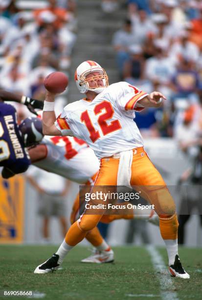 Trent Dilfer of the Tampa Bay Buccaneers drops back to pass against the Minnesota Vikings during an NFL football game circa October 13, 1996 at Tampa...
