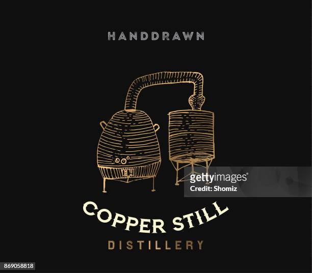 hand drawn copper still - cognac brandy stock illustrations