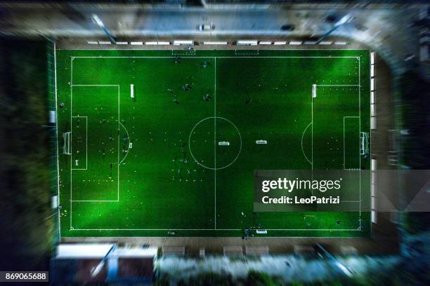 soccer field at night - aerial view - aerial view of football field stock pictures, royalty-free photos & images