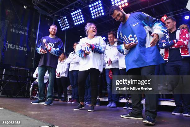 Sled Hockey player Declan Farmer, ice hockey player Brianna Decker and ice hockey player Brian Gionta attend the 100 Days Out 2018 PyeongChang Winter...