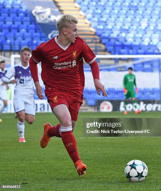 Luis Longstaff of Liverpool in action during the Liverpool and Maribor UEFA Youth League game at Prenton Park on November 1, 2017 in Birkenhead,...