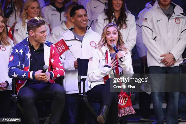 Figure skater Ashley Wagner answers questions as skier Gus Kenworthy looks on during the 100 Days Out 2018 PyeongChang Winter Olympics Celebration -...