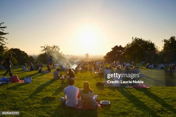 bright sun over people relaxing on grass in telegraph hill with london cityscape; uk - park london sun stock-fotos und bilder