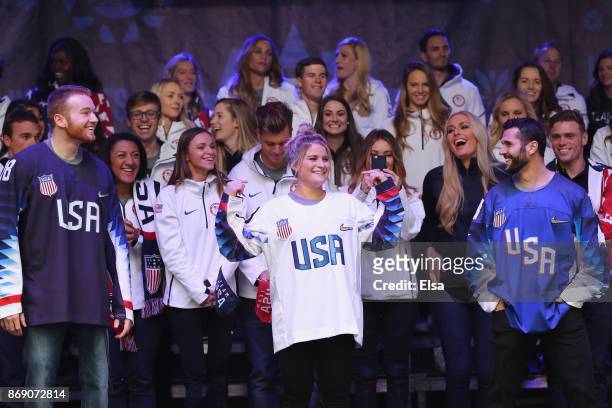 Sled hockey player Declan Farmer and ice hockey players Brianna Decker and Brian Gionta attend the 100 Days Out 2018 PyeongChang Winter Olympics...