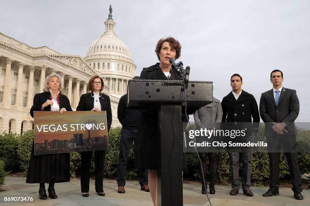 Rep. Jacky Rosen participates in a news conference with Rep. Dina Titus , Sen. Catherine Cortez Masto , Las Vegas shooting survivor Jason Sherman and...