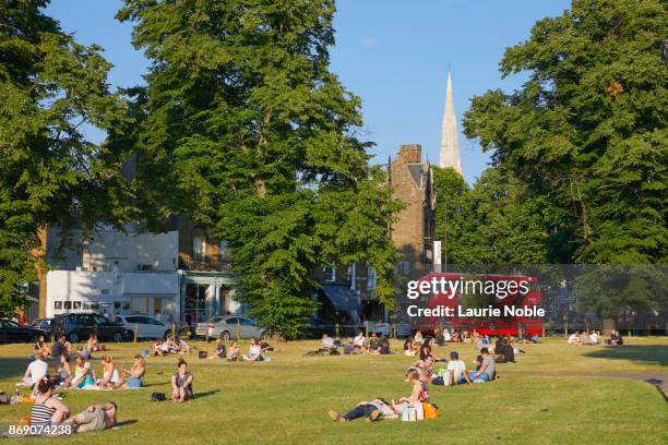 people relaxing in clapham common, london, uk - clapham stock-fotos und bilder