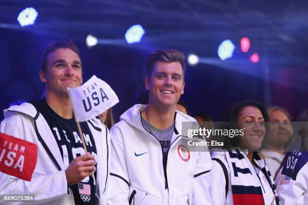 Skiers Nick Goepper and Alex Deibold along with bobsledder Elana Meyers Taylor attend the 100 Days Out 2018 PyeongChang Winter Olympics Celebration -...