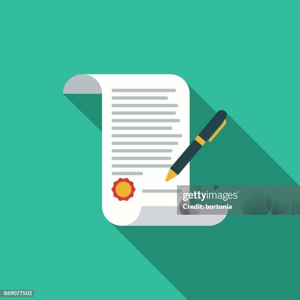 ilustraciones, imágenes clip art, dibujos animados e iconos de stock de diseño plano inmobiliario contrato icono con sombra lateral - documento legal