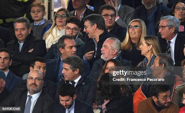 President of SSC Napoli Aurelio De Laurentiis looks on prior to the UEFA Champions League group F match between SSC Napoli and Manchester City at...