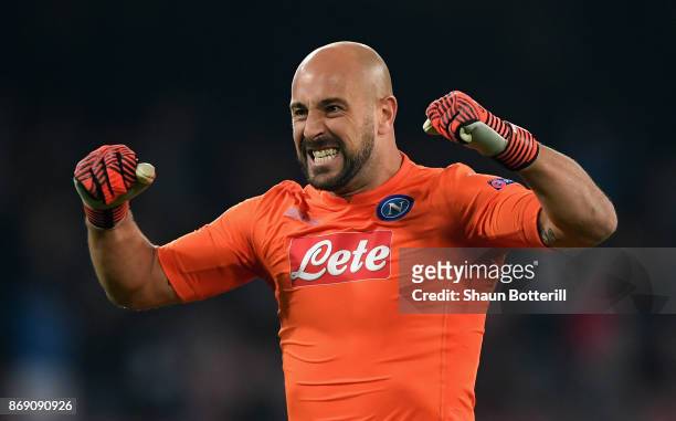 Jose Reina of SSC Napoli celebrates his sides first goal during the UEFA Champions League group F match between SSC Napoli and Manchester City at...