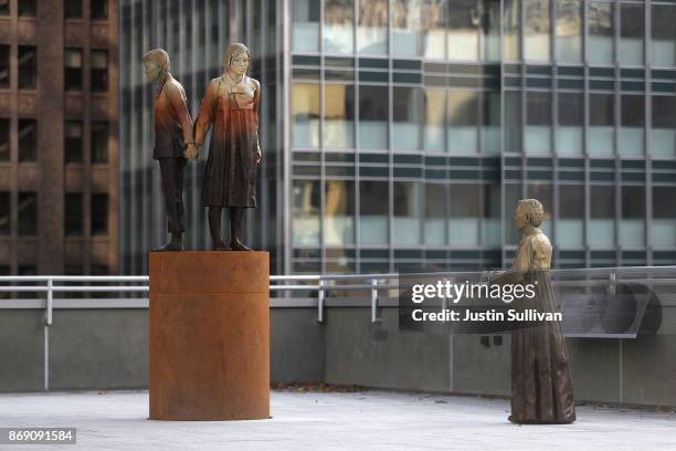 The statue "Comfort Women" Column of Strength by artist Steven Whyte is displayed at St. Mary's Square on November 1, 2017 in San Francisco,...