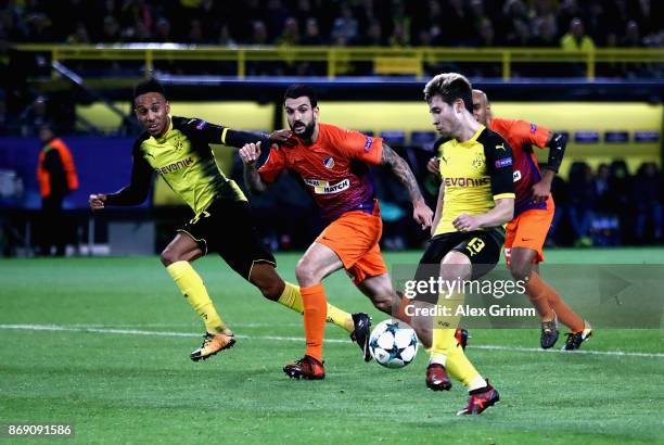 Raphael Guerreiro of Borussia Dortmund scores his sides first goal during the UEFA Champions League group H match between Borussia Dortmund and APOEL...