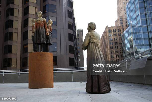 The statue "Comfort Women" Column of Strength by artist Steven Whyte is displayed at St. Mary's Square on November 1, 2017 in San Francisco,...