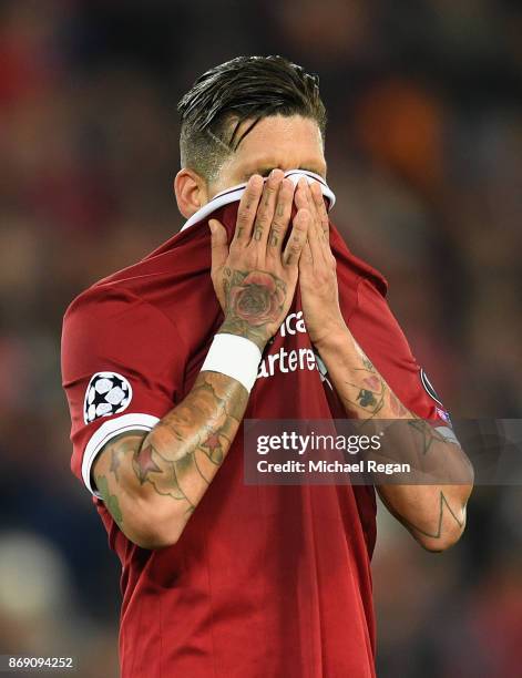 Roberto Firmino of Liverpool reacts during the UEFA Champions League group E match between Liverpool FC and NK Maribor at Anfield on November 1, 2017...