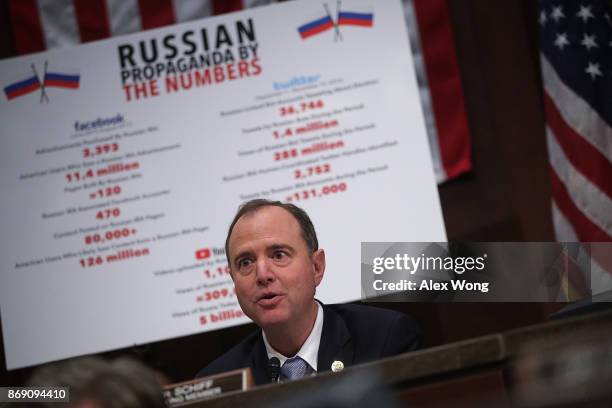 Committee ranking member Rep. Adam Schiff speaks during a hearing before the House Intelligence Committee November 1, 2017 on Capitol Hill in...