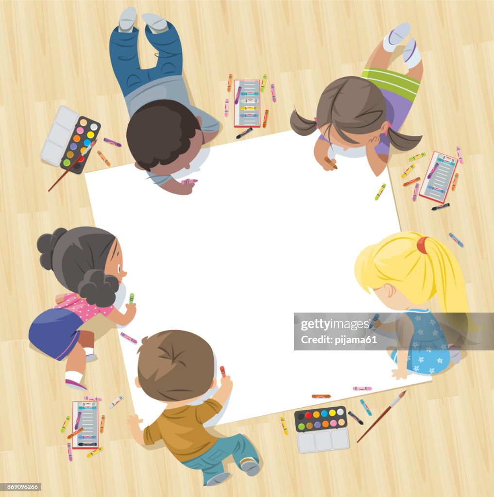 Draw Together Example Children Draw Together On A Large Sheet Of Paper High-Res Vector ...