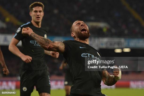 Nicolas Otamendi of Mancester City celebrates after scoring the equalizing goal during the UEFA Champions League group F match between SSC Napoli and...