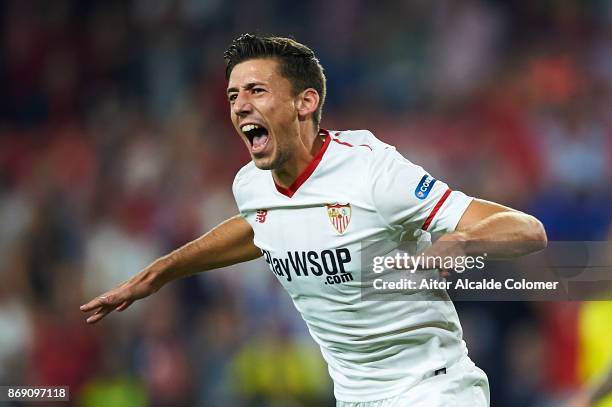 Clement Lenglet of Sevilla FC celebrates after scoring the first goal for Sevilla FC during the UEFA Champions League group E match between Sevilla...