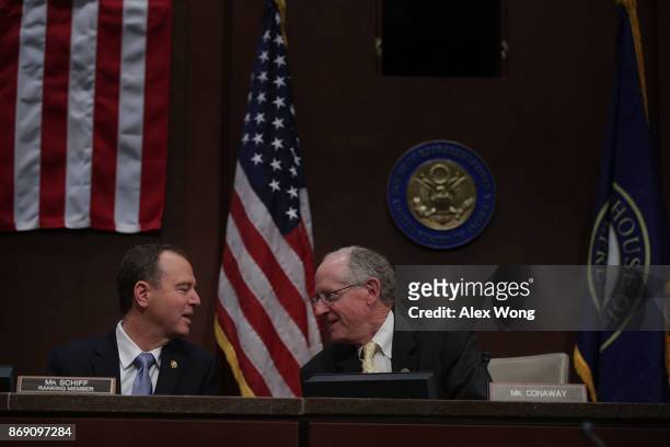 Rep. Adam Schiff listens to Rep. Mike Conaway prior to a hearing before the House Intelligence Committee November 1, 2017 on Capitol Hill in...