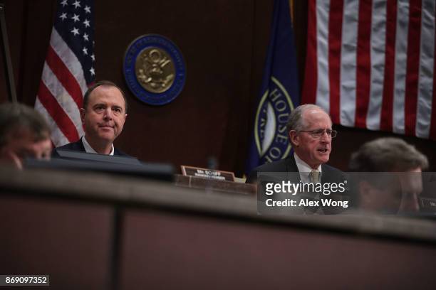 Rep. Mike Conaway speaks as Rep. Adam Schiff listens during a hearing before the House Intelligence Committee November 1, 2017 on Capitol Hill in...