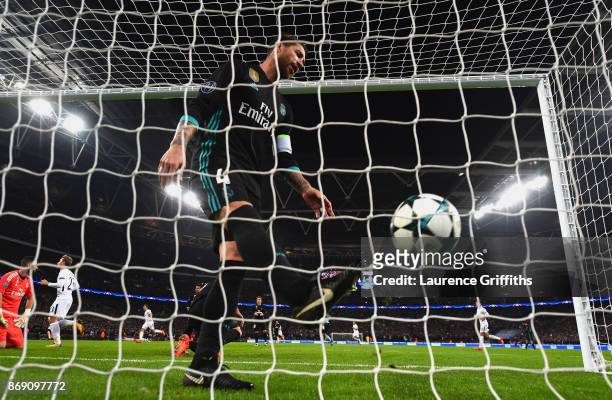 Sergio Ramos of Real Madrid looks dejected following Tottenham Hotspur's first goal during the UEFA Champions League group H match between Tottenham...