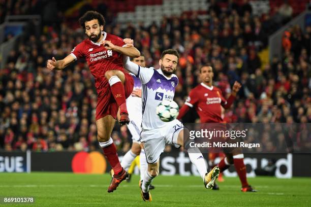 Mohamed Salah of Liverpool scores his sides first goal during the UEFA Champions League group E match between Liverpool FC and NK Maribor at Anfield...