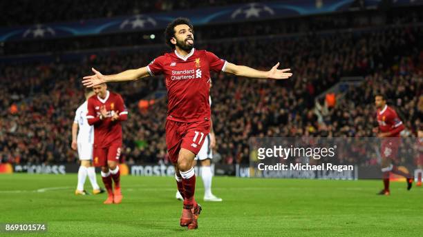 Mohamed Salah of Liverpool celebrates scoring his sides first goal during the UEFA Champions League group E match between Liverpool FC and NK Maribor...